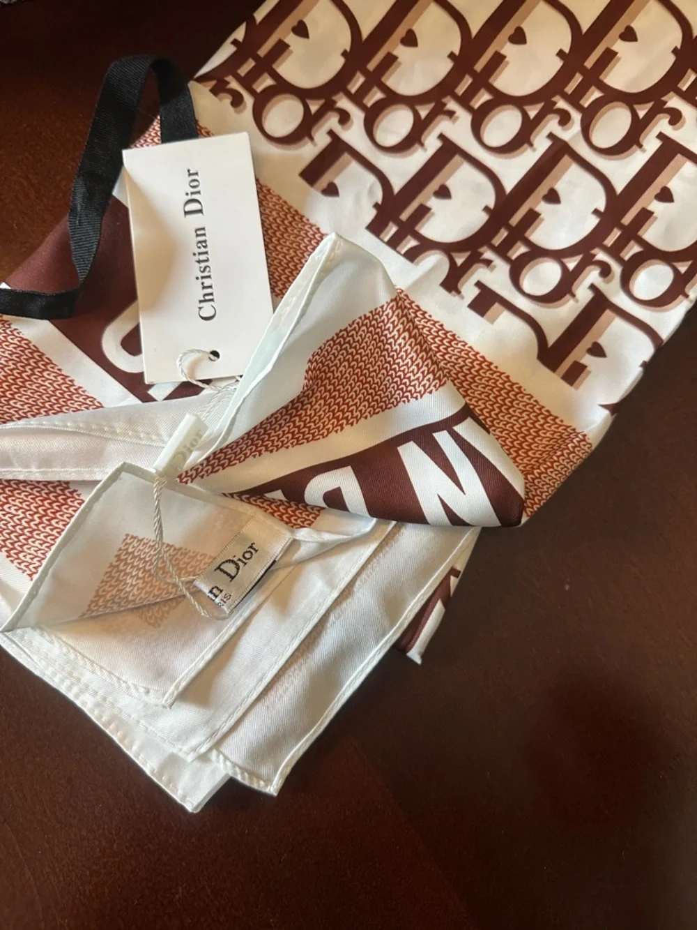 Dior White and Brown Monogram Silk Scarf with Black Patent Clutch - Picture 4 of 5